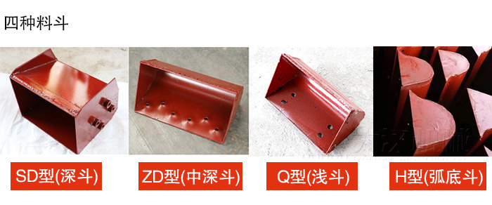 四種料鬥Q型(淺鬥)、H型(弧底鬥)、ZD型(中深鬥)SD型(深鬥)展示圖